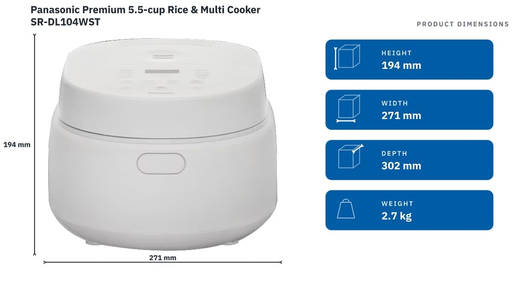 Panasonic Premium 5.5-cup Rice & Multi Cooker SR-DL104WST — product dimensions