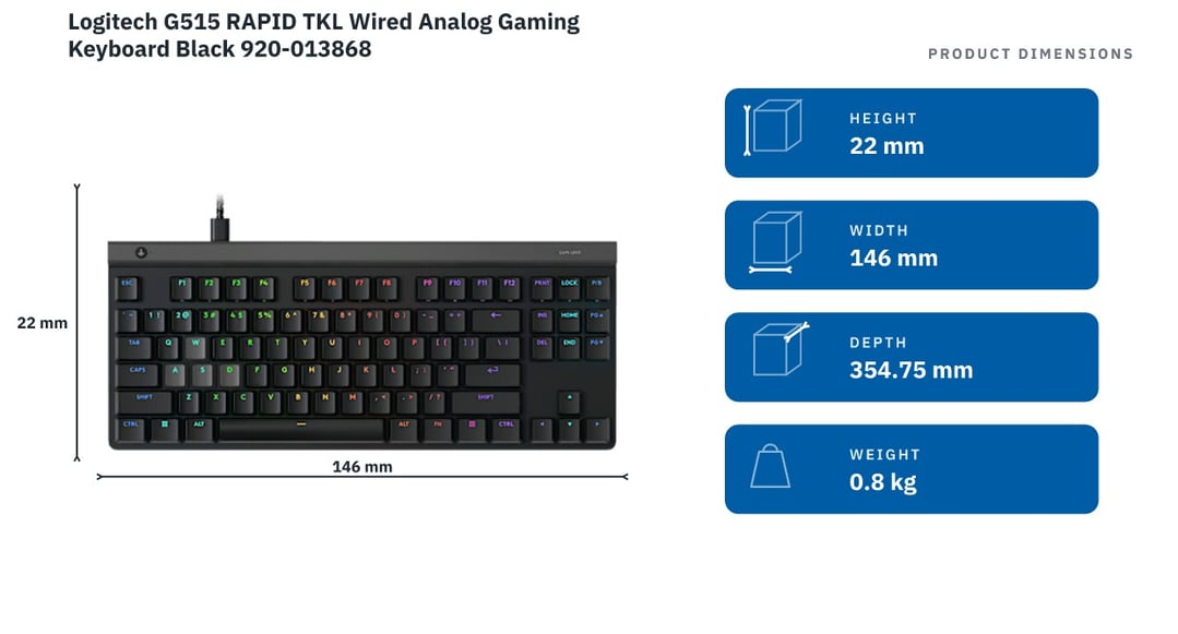 Logitech G515 RAPID TKL Wired Analog Gaming Keyboard Black 920-013868 — product dimensions