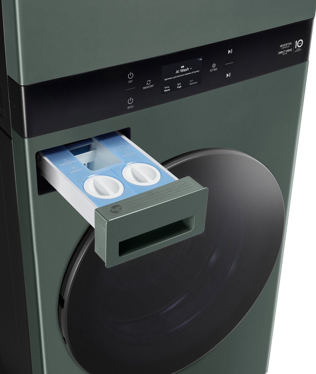 Close up of a forest green washer dryer combo with the detergent drawer open