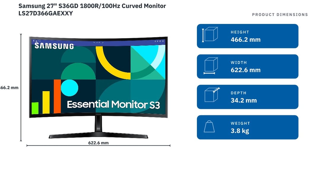 Samsung 27" S36GD 1800R/100Hz Curved Monitor LS27D366GAEXXY — product dimensions
