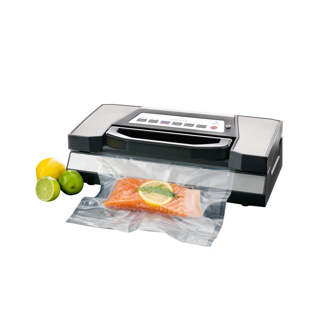 A food vacuum sealer with salmon and lemons on a white background