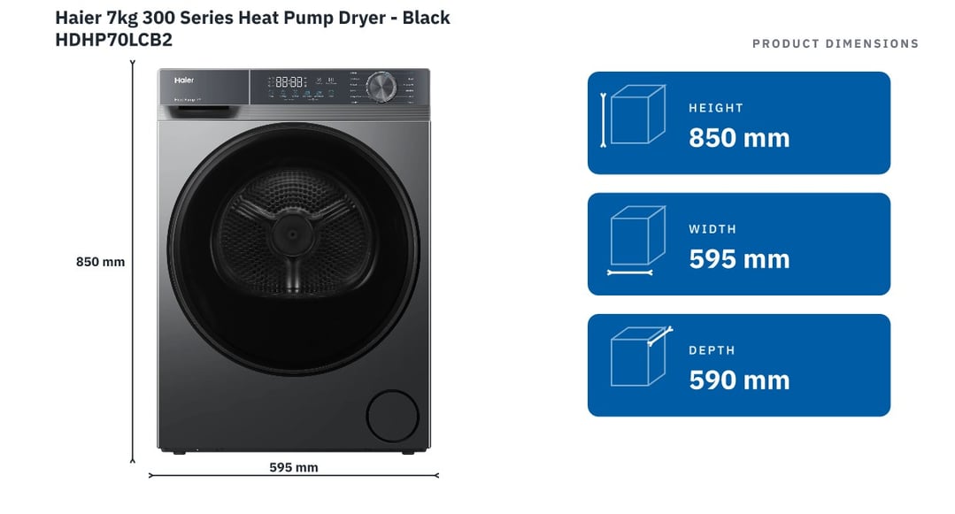 Haier 7kg 300 Series Heat Pump Dryer - Black HDHP70LCB2 — product dimensions