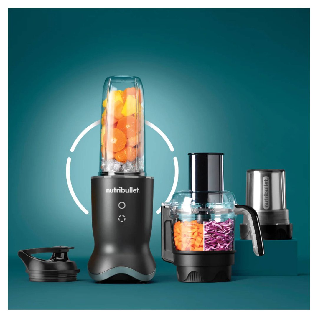 NUTRiBULLET blenders and food processor on a teal background with ingredients