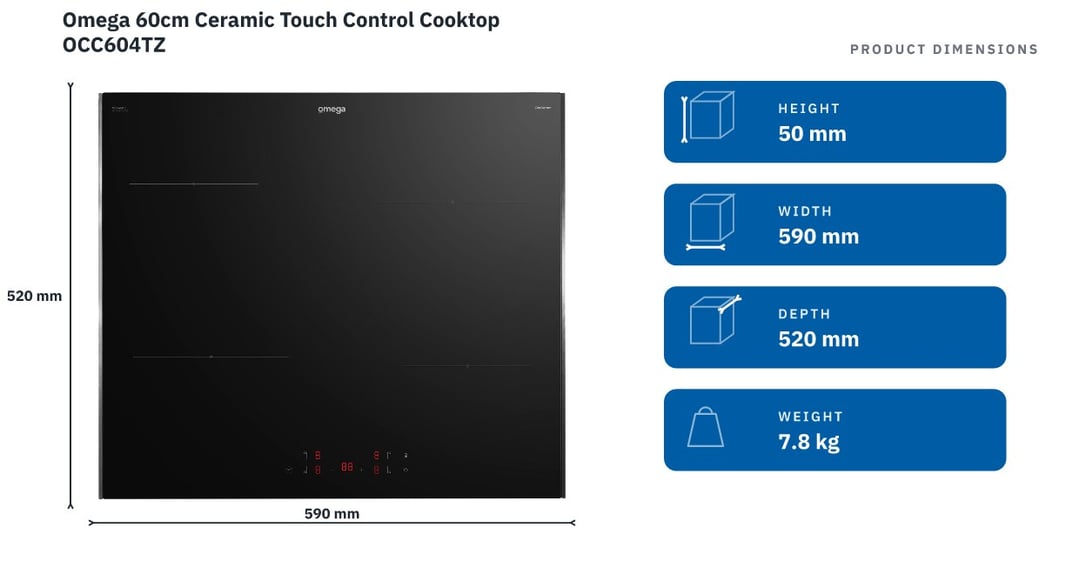 Omega 60cm Ceramic Touch Control Cooktop OCC604TZ — product dimensions