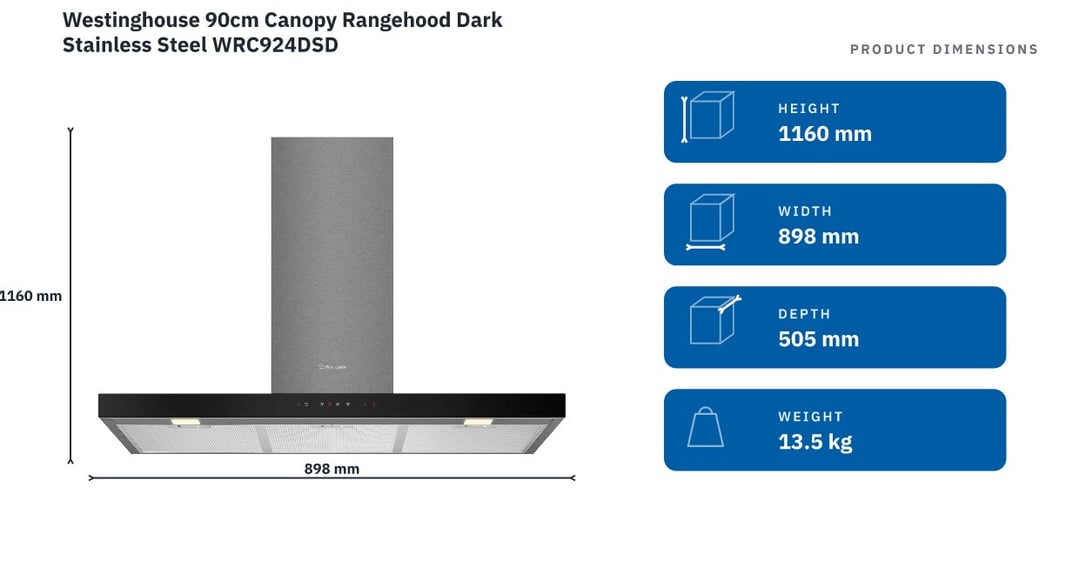 Westinghouse 90cm Canopy Rangehood Dark Stainless Steel WRC924DSD
