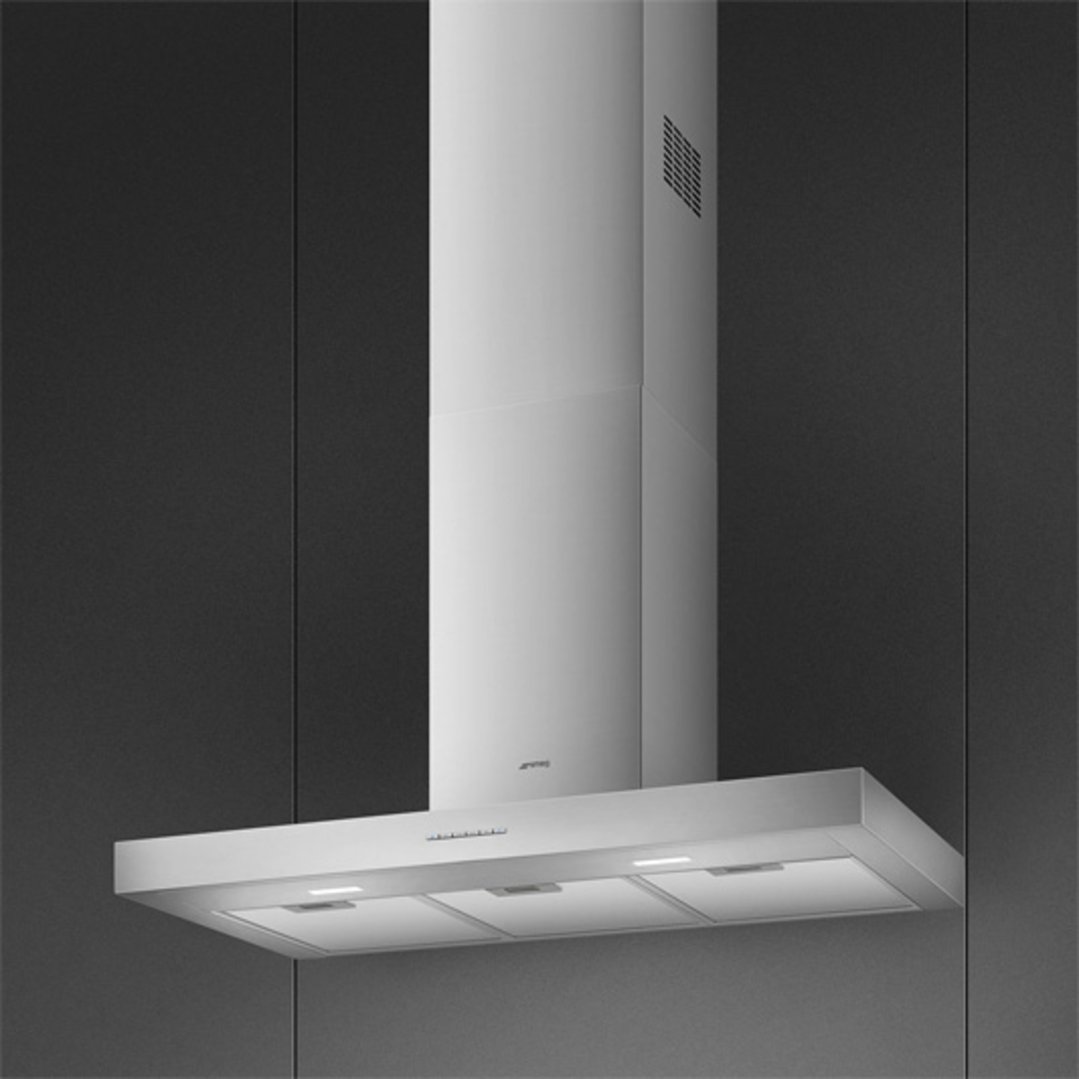 SMEG 90cm wallmount T shape rangehood installed in a modern kitchen