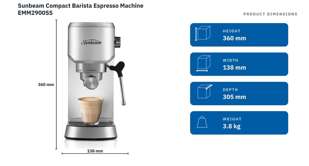 Sunbeam Compact Barista Espresso Machine EMM2900SS — product dimensions