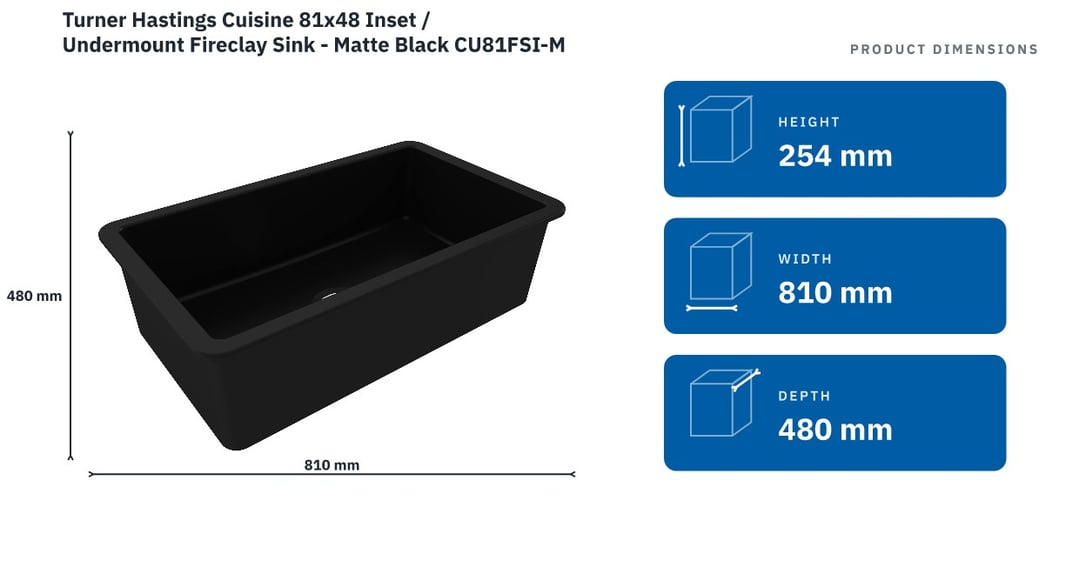 Turner Hastings Cuisine 81x48 Inset / Undermount Fireclay Sink - Matte Black CU81FSI-MB — product dimensions