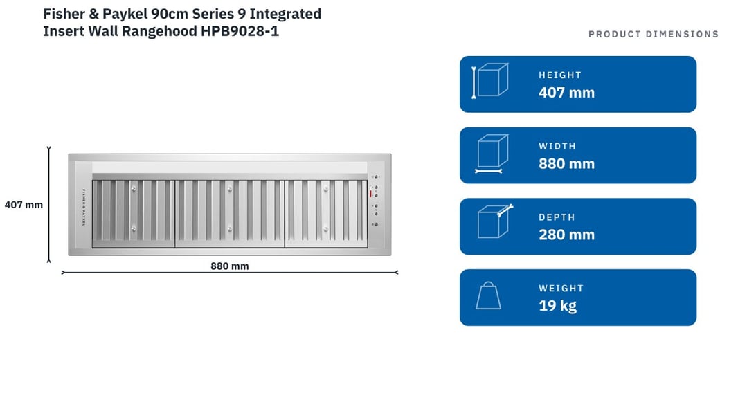 Fisher & Paykel 90cm Series 9 Integrated Insert Wall Rangehood HPB9028-1 — product dimensions