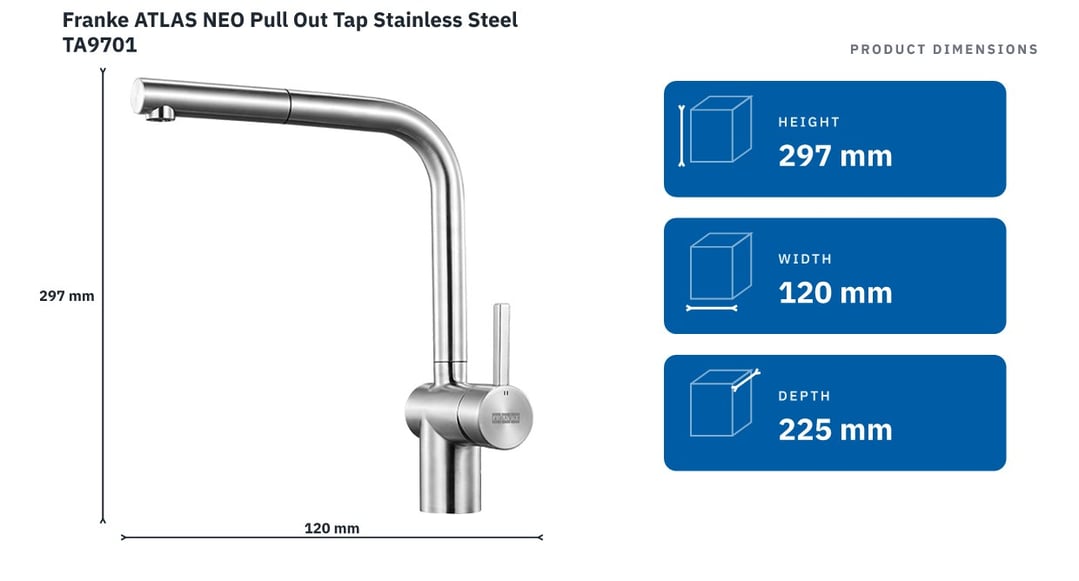 Franke ATLAS NEO Pull Out Tap Stainless Steel TA9701 — product dimensions