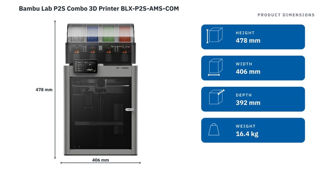 Bambu Lab P2S Combo 3D Printer BLX-P2S-AMS-COM — product dimensions