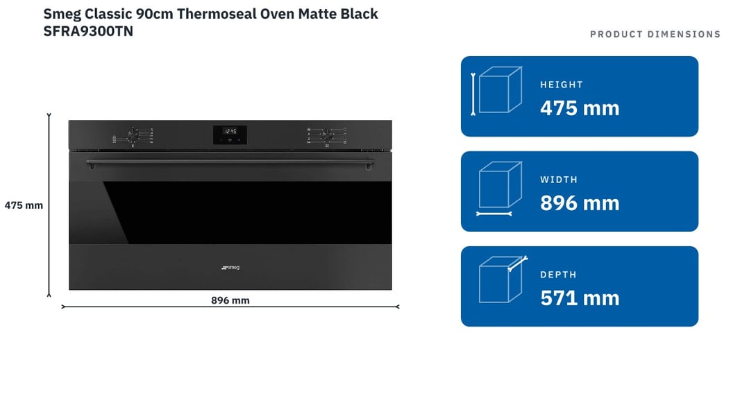 Smeg Classic 90cm Thermoseal Oven Matte Black SFRA9300TN — product dimensions