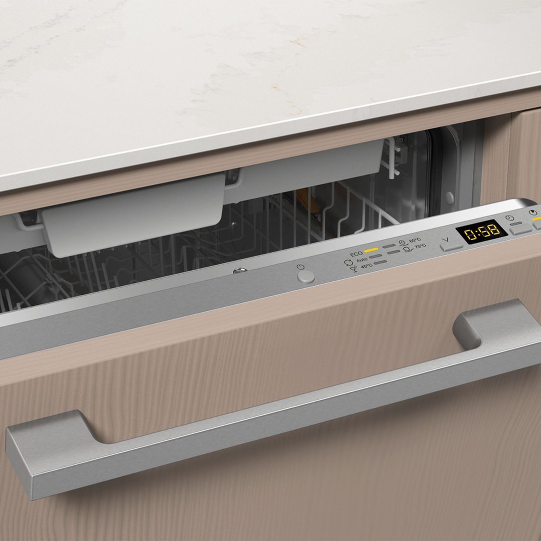 Partially open integrated dishwasher with control panel and digital display
