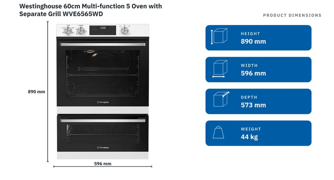 Westinghouse 60cm Multi-function 5 Oven with Separate Grill WVE6565WD — product dimensions