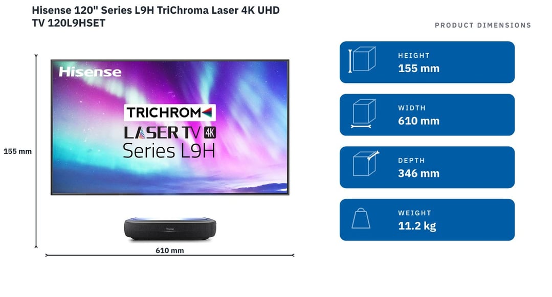 Hisense 120" Series L9H TriChroma Laser 4K UHD TV 120L9HSET — product dimensions