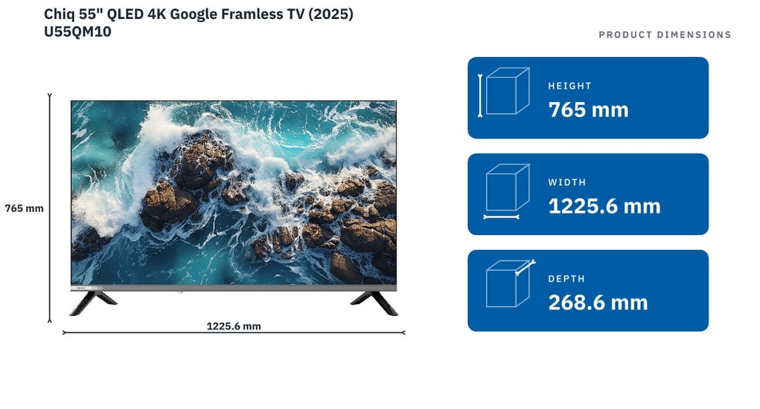 Chiq 55" QLED 4K Google Framless TV (2025) U55QM10 — product dimensions