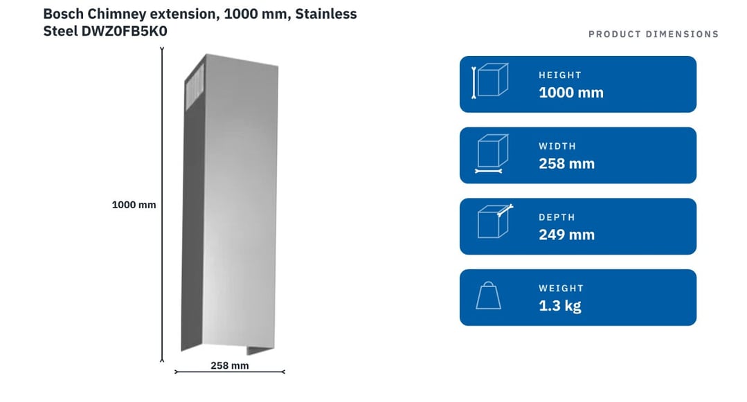 Bosch Chimney extension, 1000 mm, Stainless Steel DWZ0FB5K0 — product dimensions