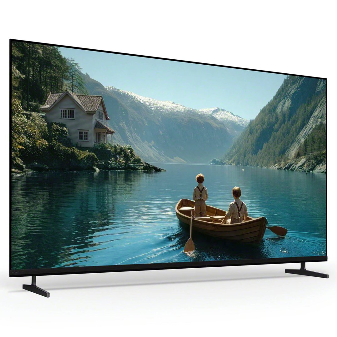 A SONY TV displaying a scenic image of a lake with two children in a boat