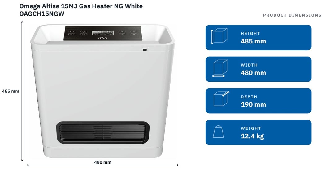 Omega Altise 15MJ Gas Heater NG White OAGCH15NGW — product dimensions