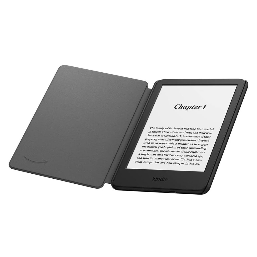 Black Kindle Cover open, displaying a Kindle with "Chapter 1" on screen