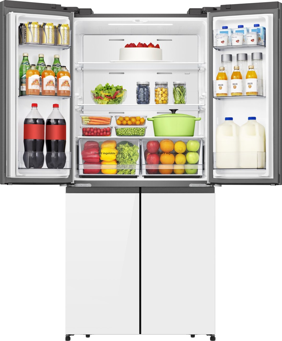 A French door fridge with both doors open, revealing various food items inside
