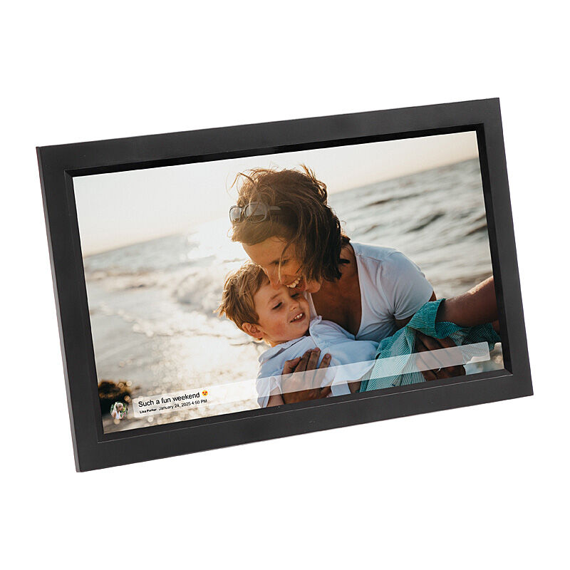 A digital photo frame displaying a photo of a mother and child on a beach