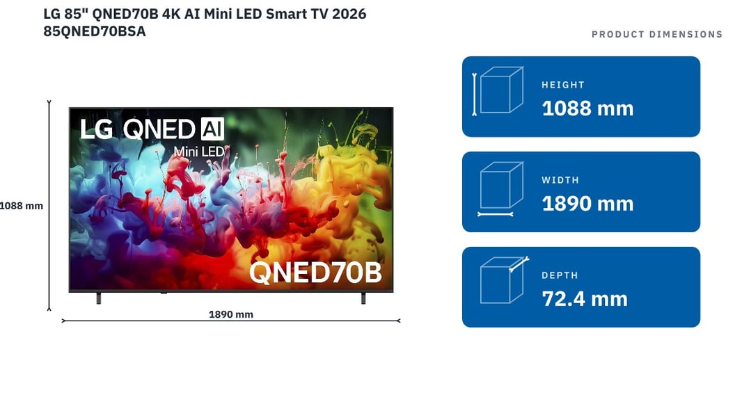 LG 85" QNED70B 4K AI Mini LED Smart TV 2026 85QNED70BSA — product dimensions