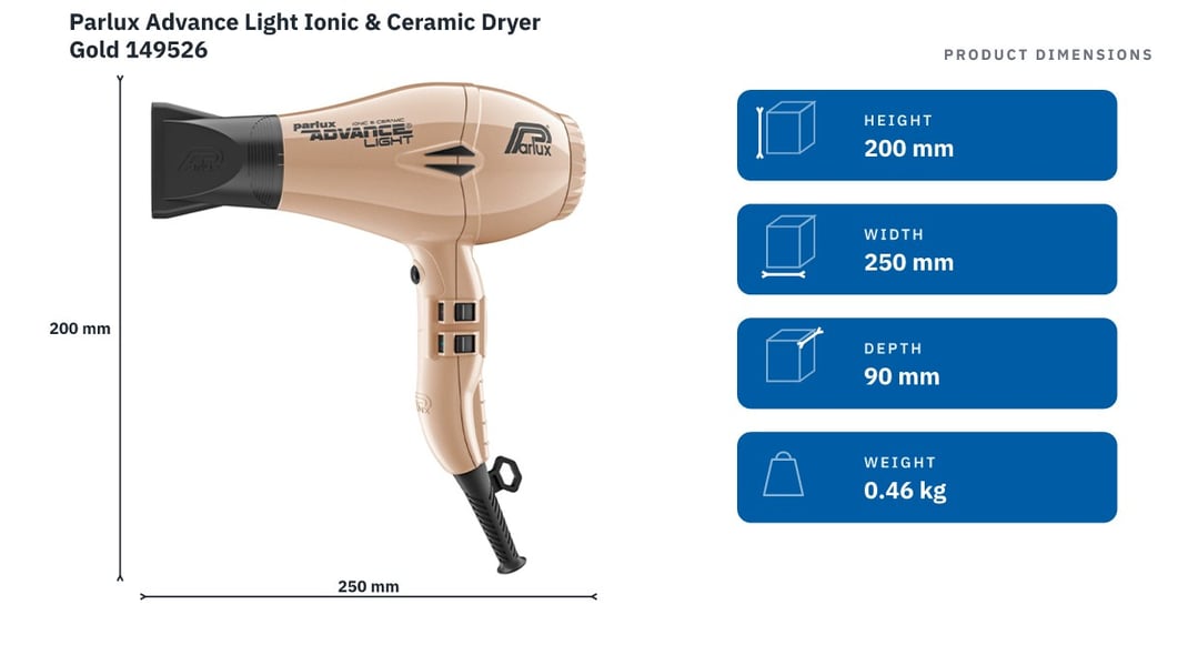 Parlux Advance Light Ionic & Ceramic Dryer Gold 149526 — product dimensions