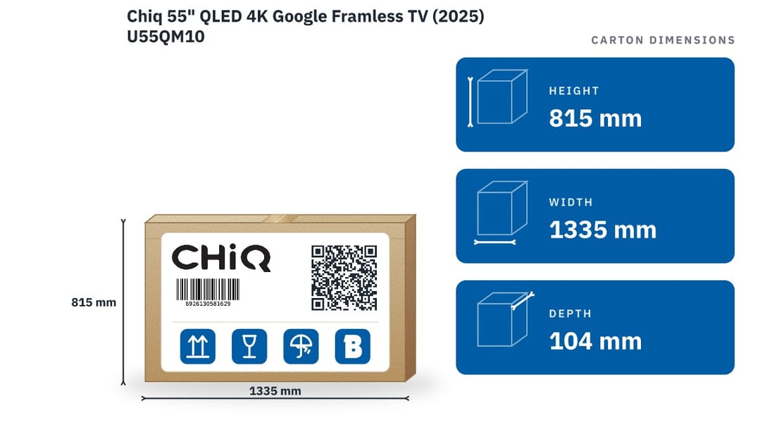 Chiq 55" QLED 4K Google Framless TV (2025) U55QM10 — packaged dimensions