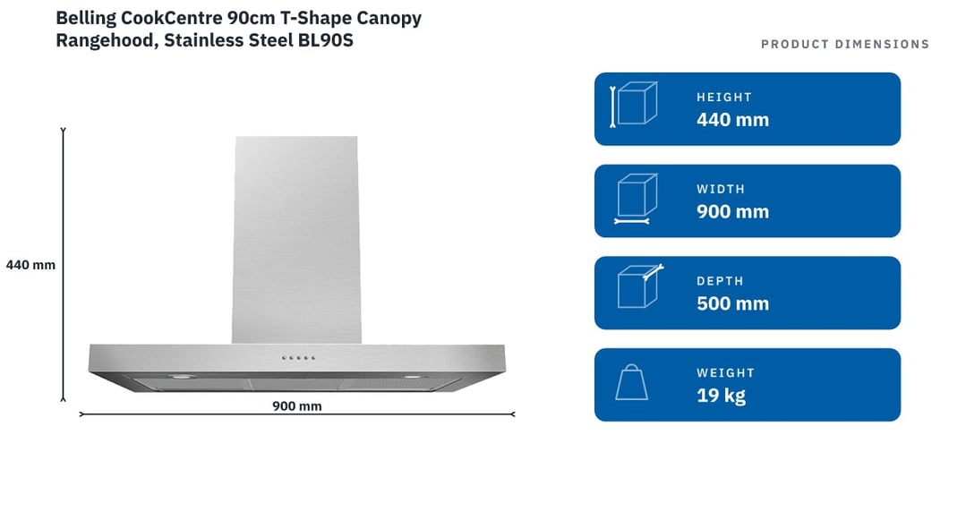 Belling CookCentre 90cm T-Shape Canopy Rangehood, Stainless Steel BL90S — product dimensions