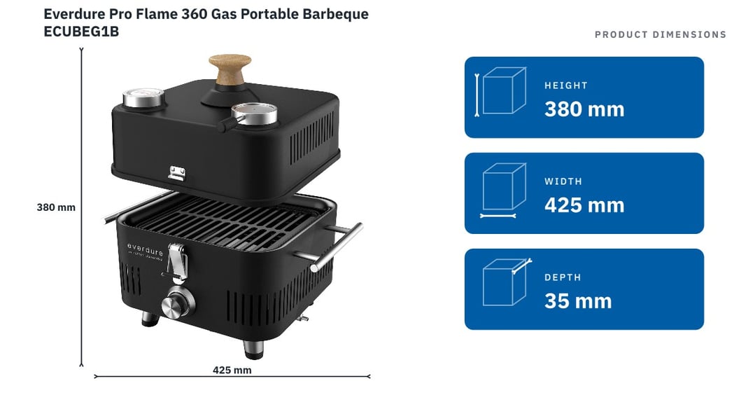 Everdure Pro Flame 360 Gas Portable Barbeque ECUBEG1B — product dimensions