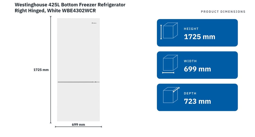 Westinghouse 425L Bottom Freezer Refrigerator Right Hinged, White WBE4302WCR