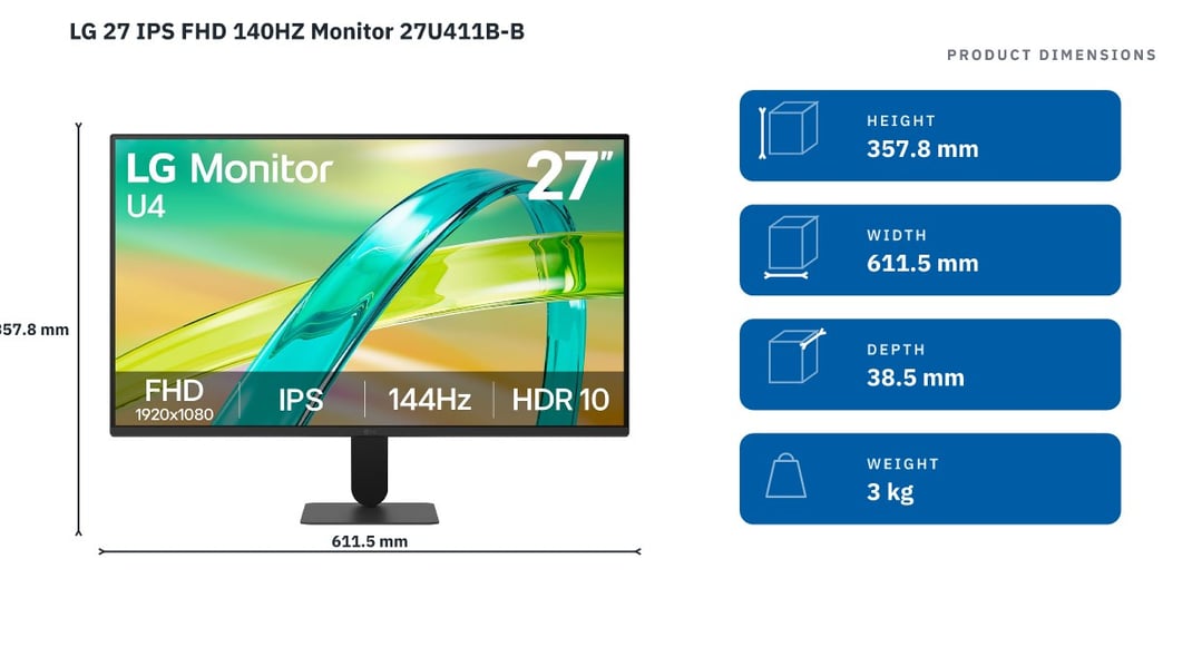 LG 27 IPS FHD 140HZ Monitor 27U411B-B — product dimensions