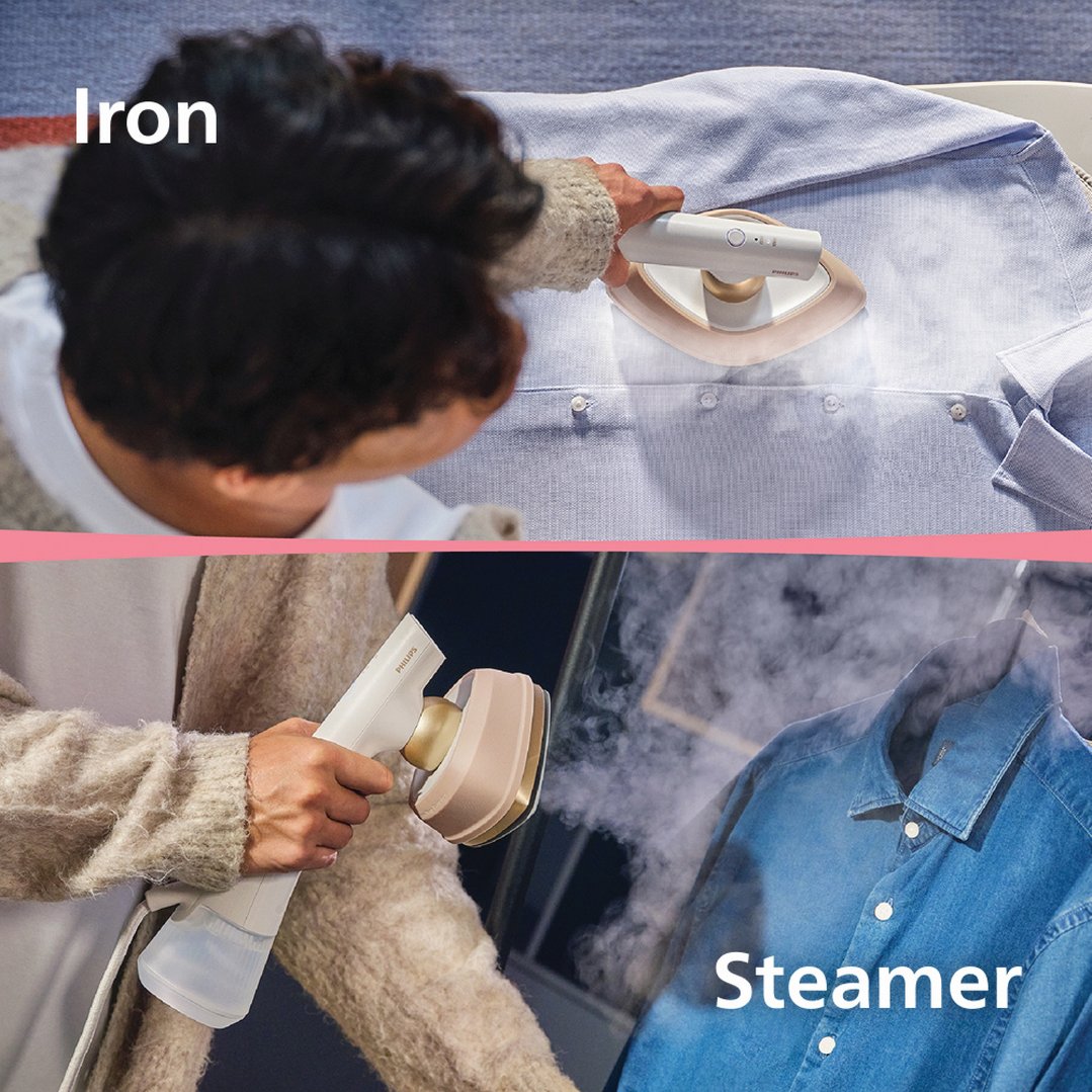 Person ironing a light blue shirt and steaming a blue denim shirt