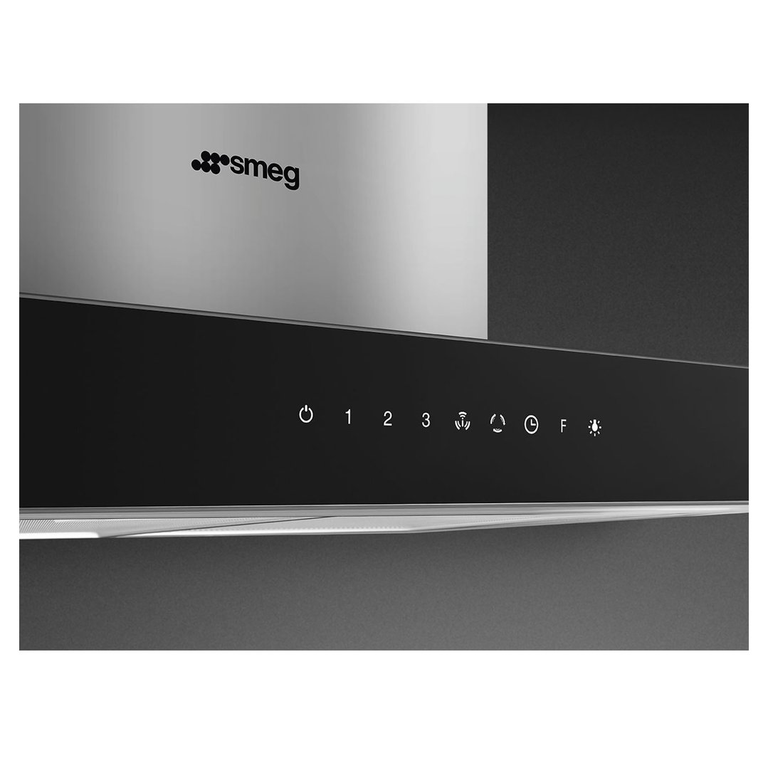 Close up of a Smeg rangehood control panel with illuminated buttons