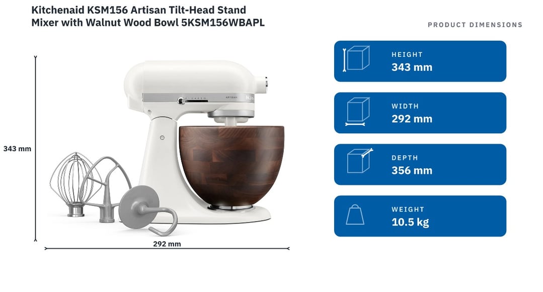 Kitchenaid KSM156 Artisan Tilt-Head Stand Mixer with Walnut Wood Bowl 5KSM156WBAPL — product dimensions