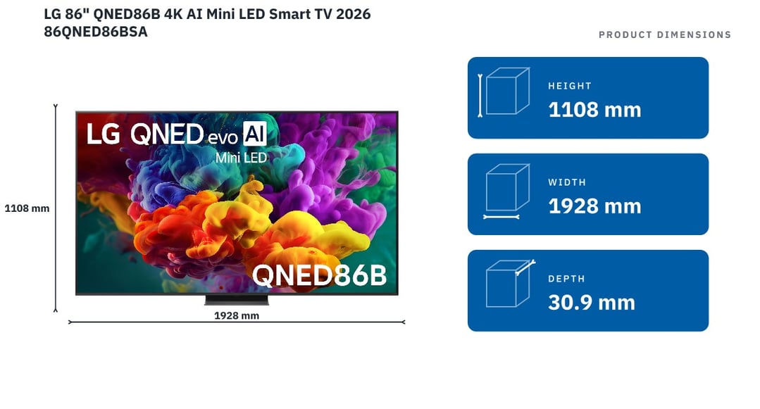 LG 86" QNED86B 4K AI Mini LED Smart TV 2026 86QNED86BSA — product dimensions