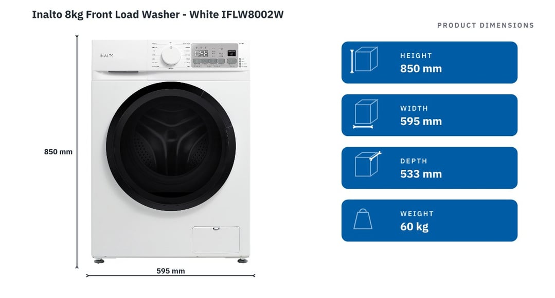 Inalto 8kg Front Load Washer - White IFLW8002W — product dimensions