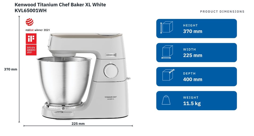 Kenwood Titanium Chef Baker XL White KVL65001WH — product dimensions