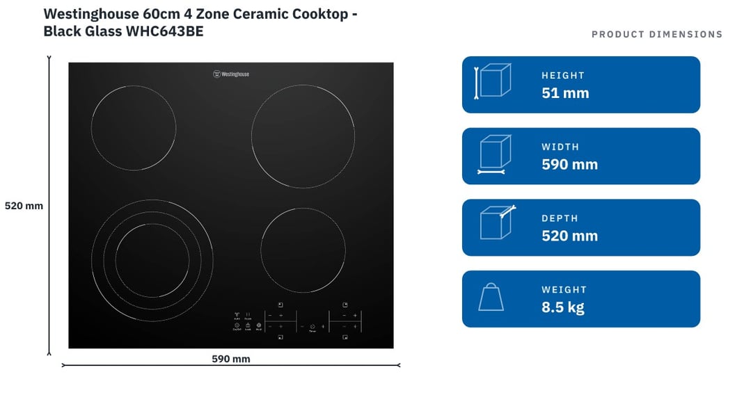 Westinghouse 60cm 4 Zone Ceramic Cooktop - Black Glass WHC643BE — product dimensions