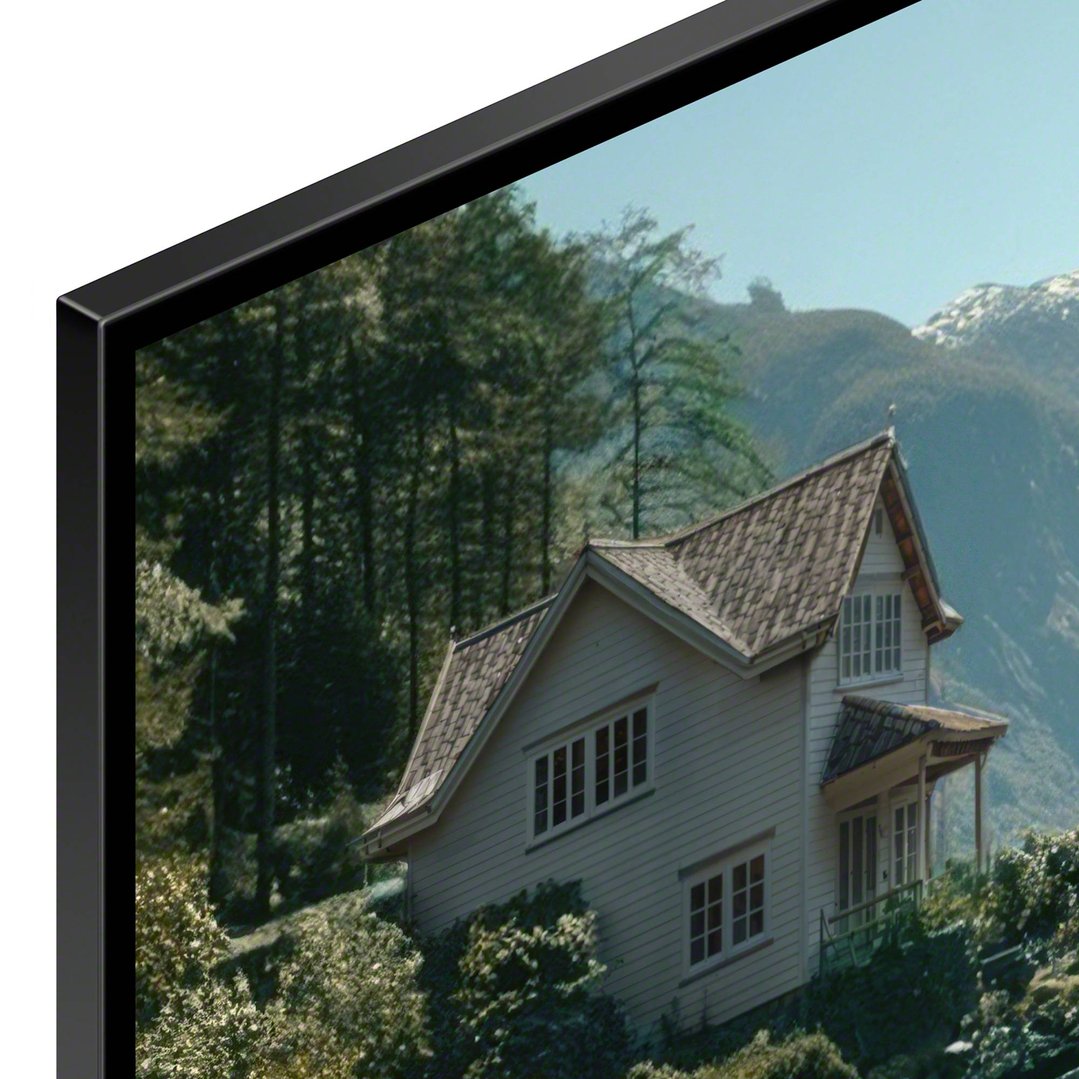 Close-up of a SONY TV displaying a house on a hill with trees