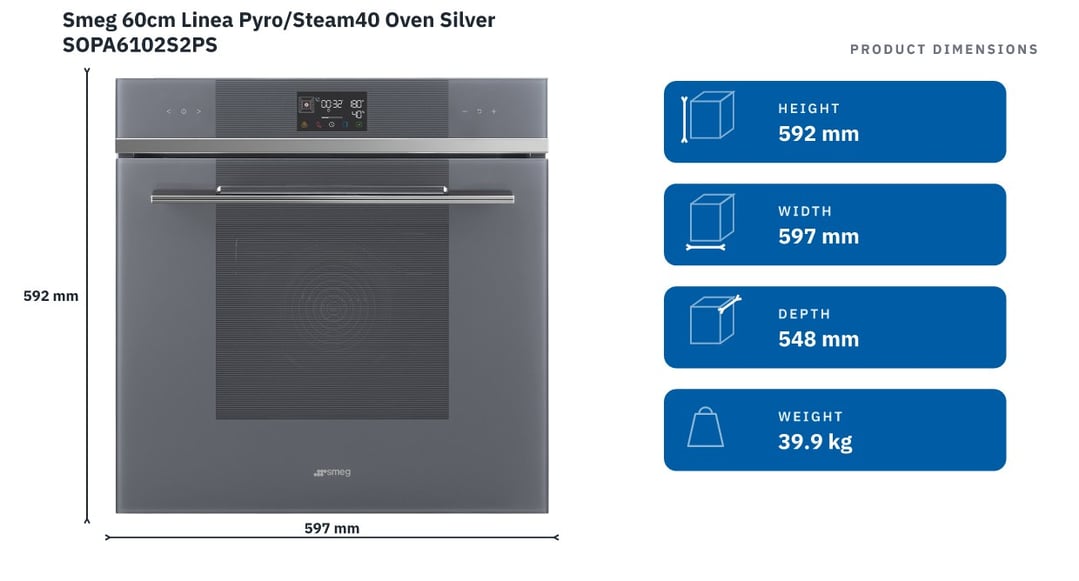 Smeg 60cm Linea Pyro/Steam40 Oven Silver SOPA6102S2PS — product dimensions