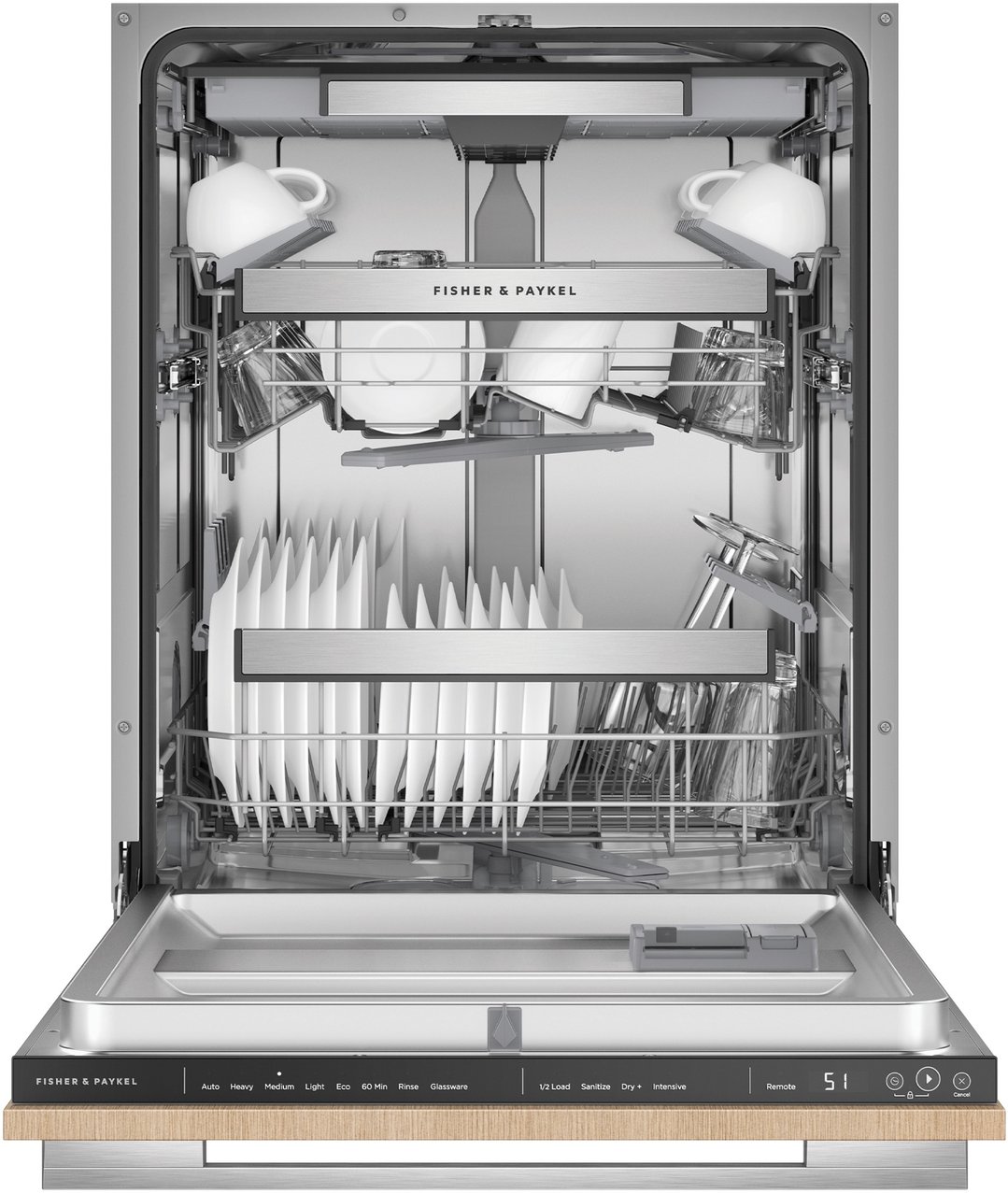 Open dishwasher with dishes loaded, showing the interior and control panel