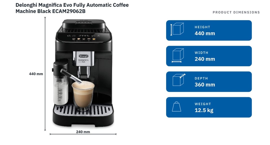 Delonghi Magnifica Evo Fully Automatic Coffee Machine Black ECAM29062B — product dimensions