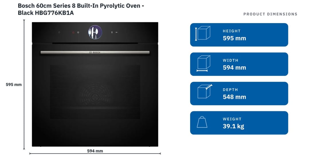Bosch 60cm Series 8 Built-In Pyrolytic Oven - Black HBG776KB1A — product dimensions