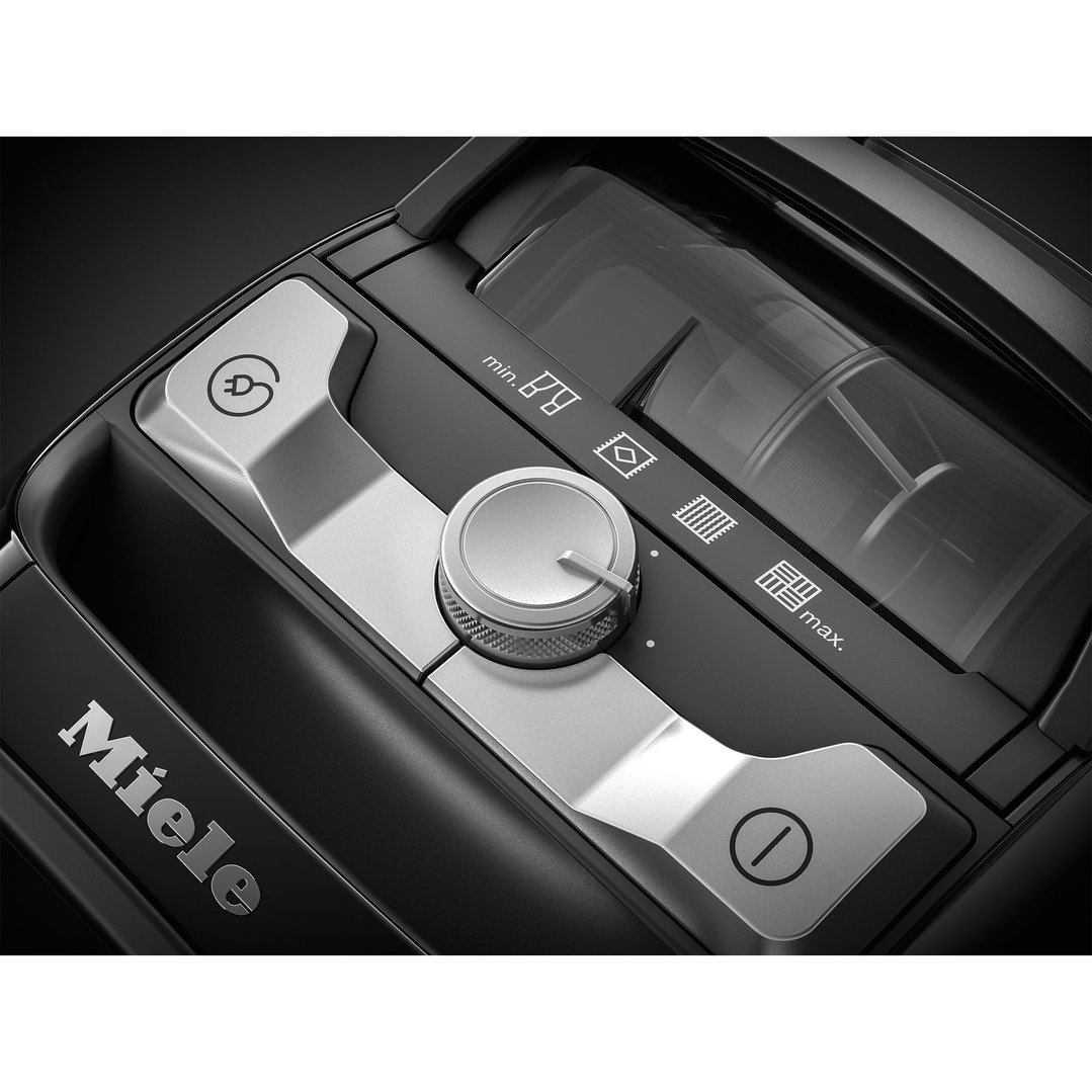 Close-up of the control panel of a Miele vacuum cleaner