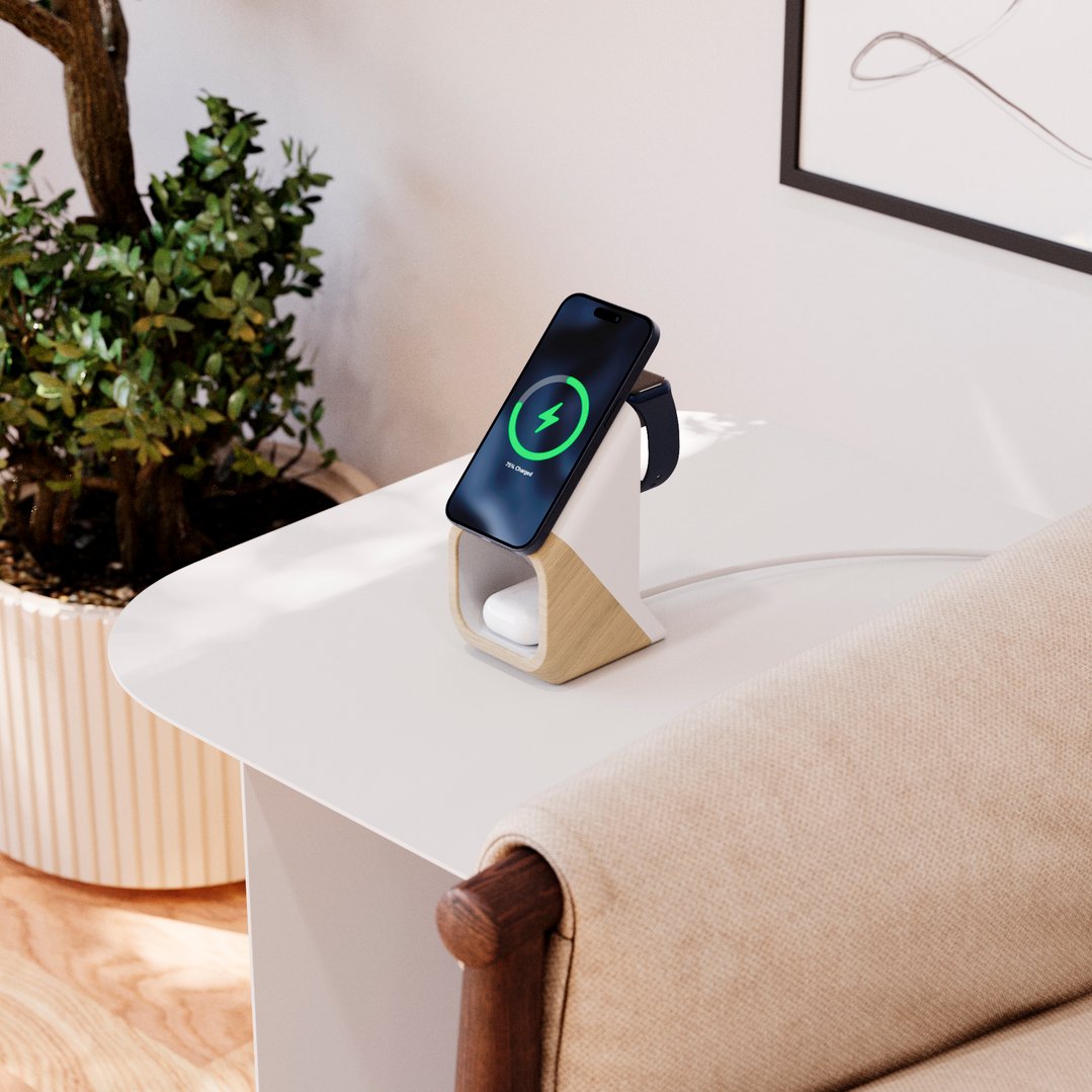 Wireless charging station with phone, watch, and earbuds on a white side table