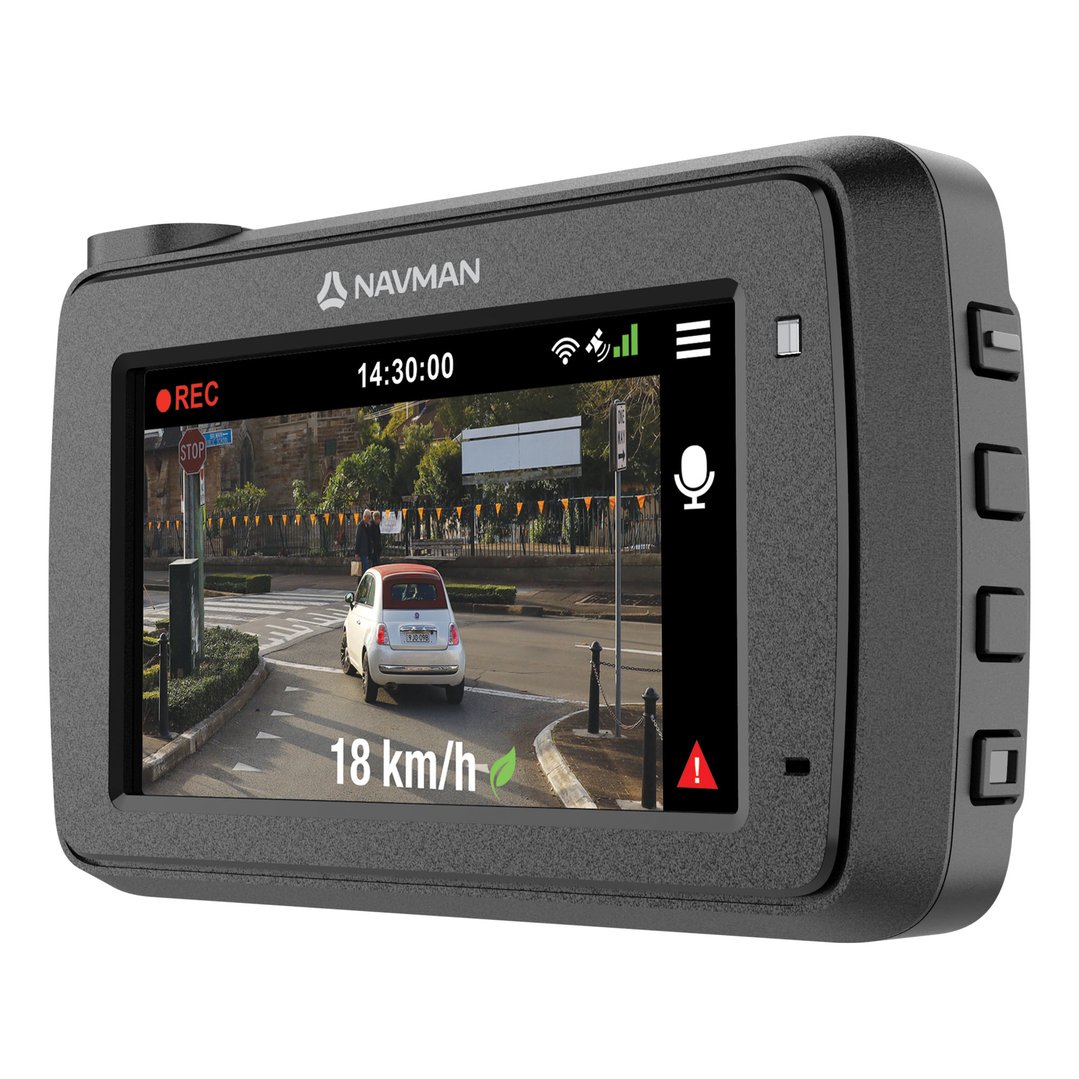 NAVMAN dash cam displaying a street view with a car and pedestrians