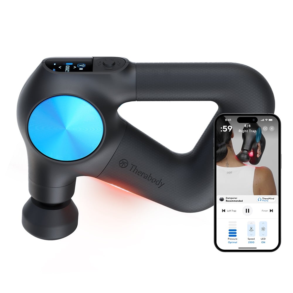 Black massage gun with blue light and smartphone showing app interface