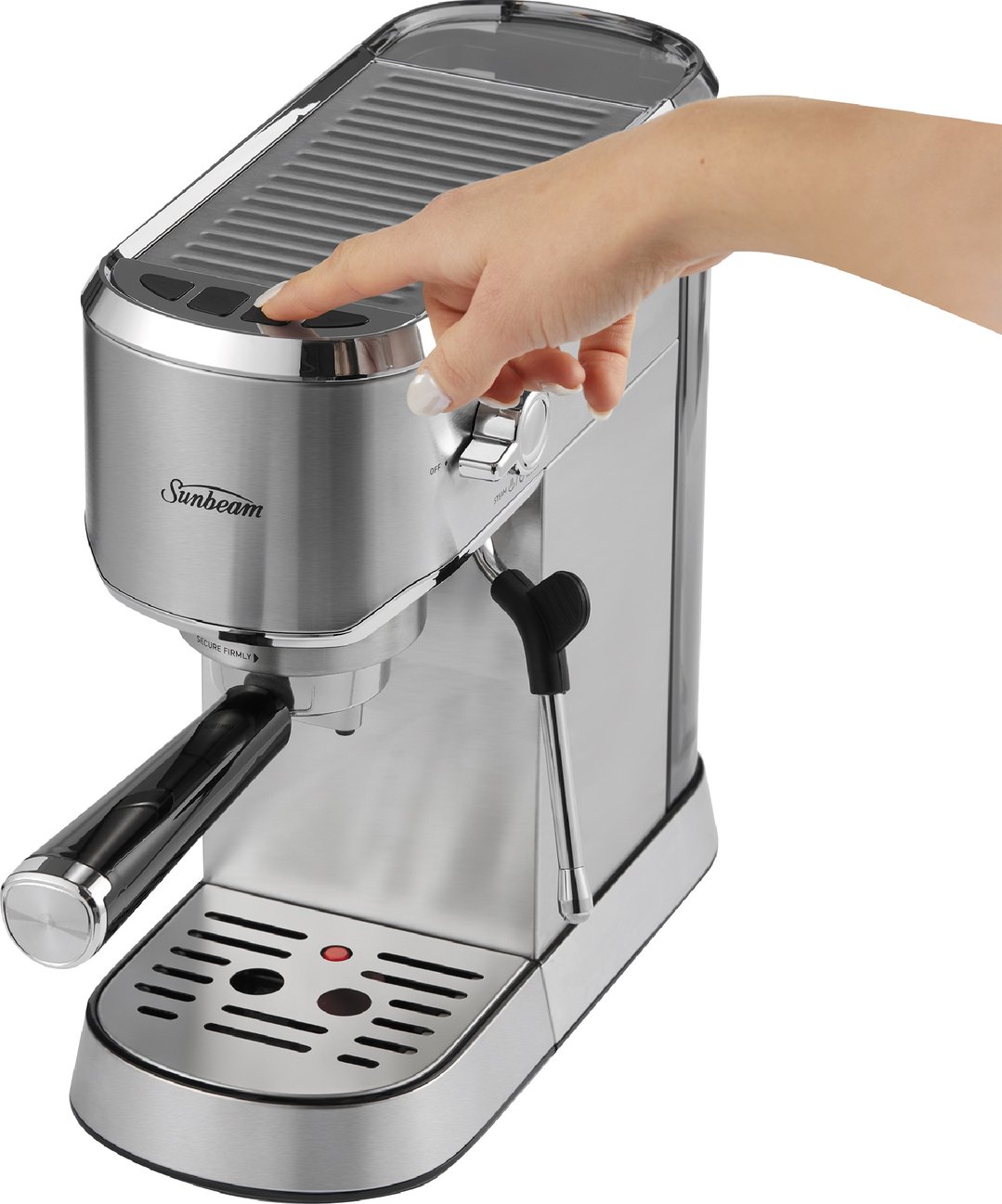 Hand pressing a button on the Sunbeam Compact Barista Espresso Machine